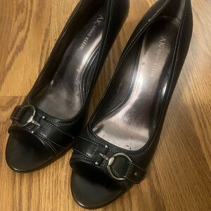 Anne Klein Black Peep-Toe Heels with Silver Buckle